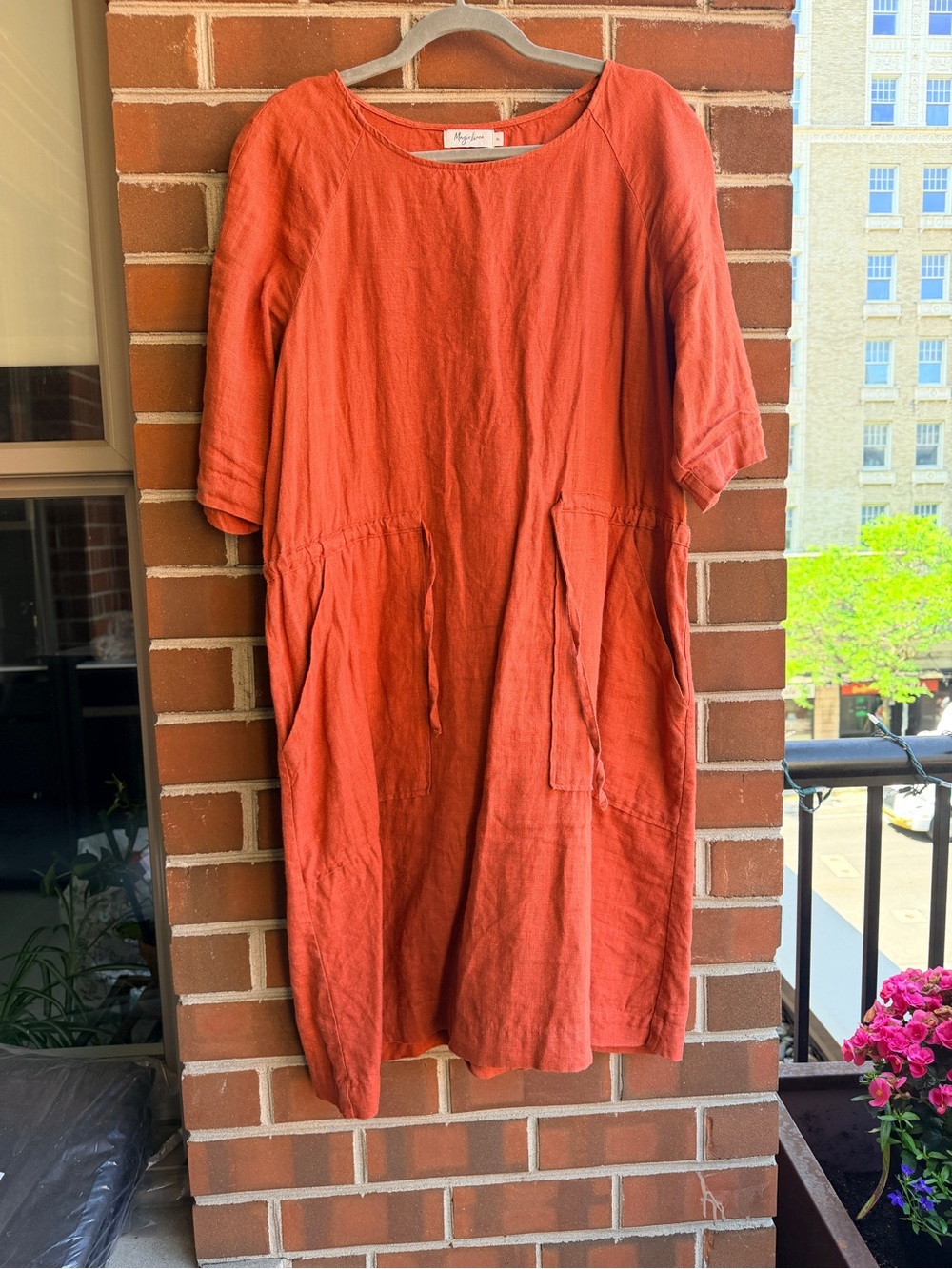 Magic Linen Burnt Orange Linen Midi Dress with Pockets